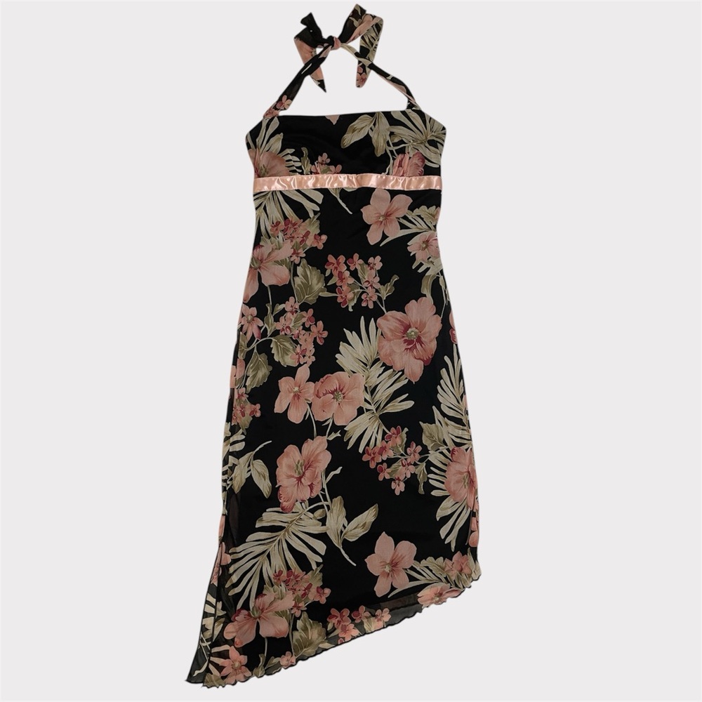 Vintage 90s Floral Asymmetrical Halter Midi Dress